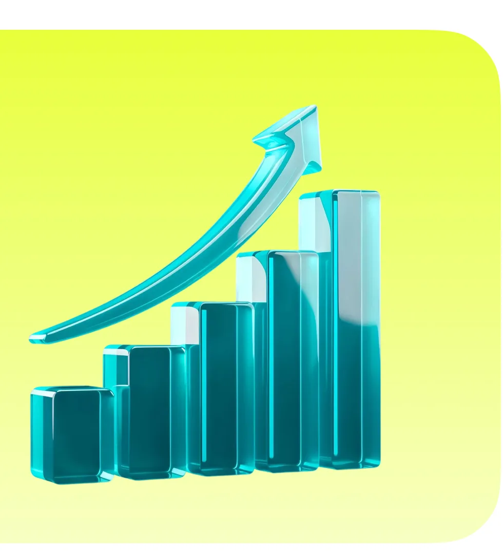 Glass bar chart with rising arrow